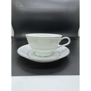 Noritake Whitehall Cup w/ Saucer - Vintage White Flower Basket & Scrolls On Rim